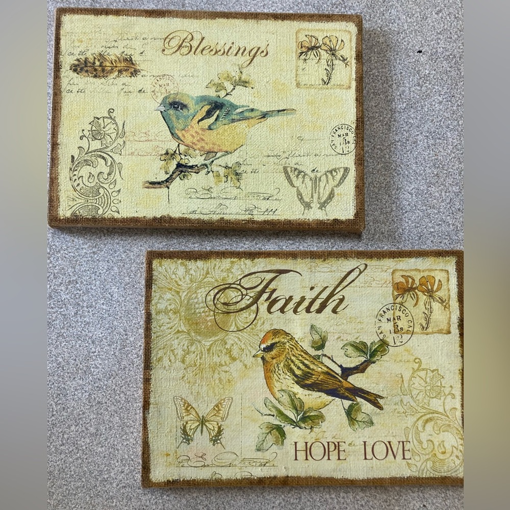 2 PC FAITH & BLESSINGS BIRDS POSTAGE STAMP THEME BURLAP WALL DECOR